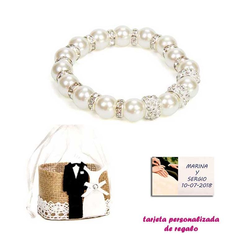 Pulsera de perlas blancas con aros de brillantes