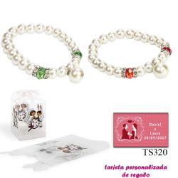 Pulsera de perlas blancas con piedras de colores surtidos en rojo o verde