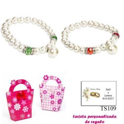 Pulsera de perlas blancas con piedras de colores surtidos en rojo o verde