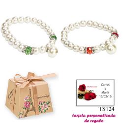 Pulsera de perlas blancas con piedras de colores surtidos en rojo o verde