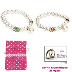 Pulsera de perlas blancas con piedras de colores surtidos en rojo o verde