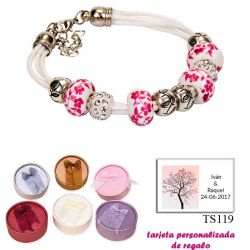 Pulsera de cuerdas con abalorios en fucsia, plata y brillantes