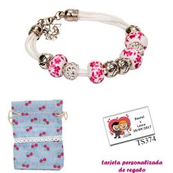 Pulsera de cuerdas con abalorios en fucsia, plata y brillantes