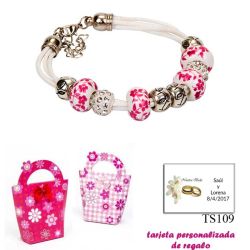 Pulsera de cuerdas con abalorios en fucsia, plata y brillantes