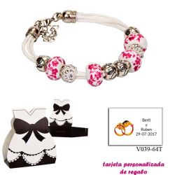 Pulsera de cuerdas con abalorios en fucsia, plata y brillantes