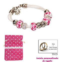 Pulsera de cuerdas con abalorios en fucsia, plata y brillantes