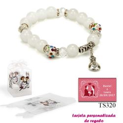 Pulsera de perlas blancas con brillantes de colores y saco de dólar