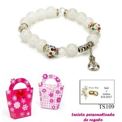 Pulsera de perlas blancas con brillantes de colores y saco de dólar