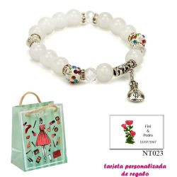 Pulsera de perlas blancas con brillantes de colores y saco de dólar