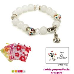 Pulsera de perlas blancas con brillantes de colores y saco de dólar