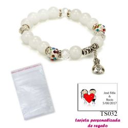 Pulsera de perlas blancas con brillantes de colores y saco de dólar