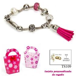 Pulsera de abalorios con detalles en fucsia y borla colgante