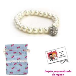Pulsera de perlas blancas con una bola de brillantes
