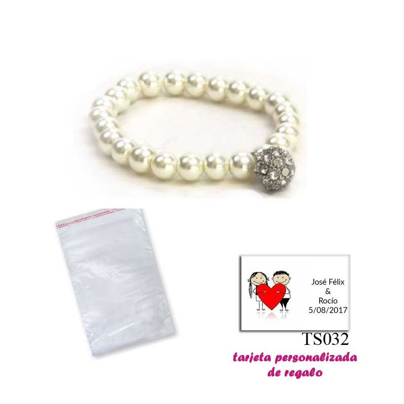 Pulsera de perlas blancas con una bola de brillantes