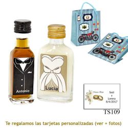 Licor de crema para ella y licor de café para él, en bolsa con moto