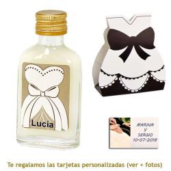 Licor de crema 20 ml con etiqueta de novia y una original caja a juego