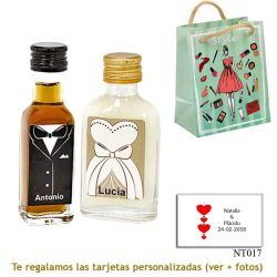 Licor de crema para ella y licor de café para él, con bolsa de mujer y maquillaje