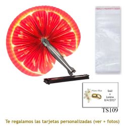 Abanico Pai Pai con diseño de naranjas y con bolsa de celofan