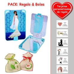 Gran espejo azul con dibujo de novia, y un práctico peine dentro