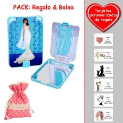 Gran espejo azul con dibujo de novia, y un práctico peine dentro