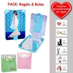 Gran espejo azul con dibujo de novia, y un práctico peine dentro