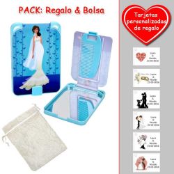 Gran espejo azul con dibujo de novia, y un práctico peine dentro