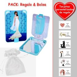 Gran espejo azul con dibujo de novia, y un práctico peine dentro