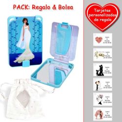 Gran espejo azul con dibujo de novia, y un práctico peine dentro