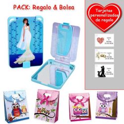 Gran espejo azul con dibujo de novia, y un práctico peine dentro