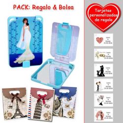 Gran espejo azul con dibujo de novia, y un práctico peine dentro