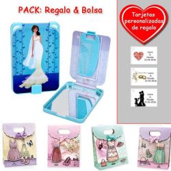 Gran espejo azul con dibujo de novia, y un práctico peine dentro