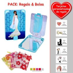 Gran espejo azul con dibujo de novia, y un práctico peine dentro