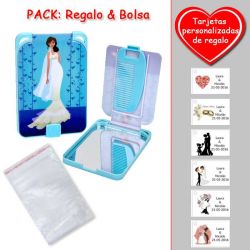 Gran espejo azul con dibujo de novia, y un práctico peine dentro