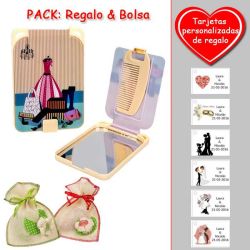 Gran espejo beige con dibujo de maniquí y maletas, y un práctico peine dentro