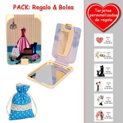 Gran espejo beige con dibujo de maniquí y maletas, y un práctico peine dentro