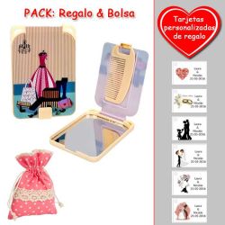 Gran espejo beige con dibujo de maniquí y maletas, y un práctico peine dentro