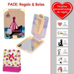 Gran espejo beige con dibujo de maniquí y maletas, y un práctico peine dentro