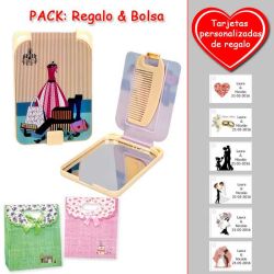 Gran espejo beige con dibujo de maniquí y maletas, y un práctico peine dentro