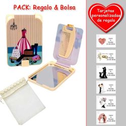 Gran espejo beige con dibujo de maniquí y maletas, y un práctico peine dentro