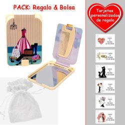 Gran espejo beige con dibujo de maniquí y maletas, y un práctico peine dentro