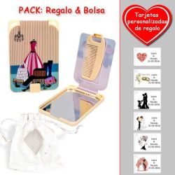 Gran espejo beige con dibujo de maniquí y maletas, y un práctico peine dentro