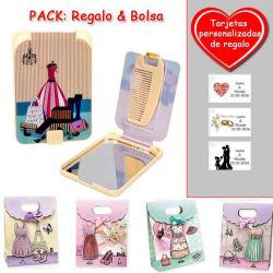 Gran espejo beige con dibujo de maniquí y maletas, y un práctico peine dentro