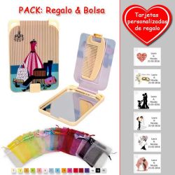 Gran espejo beige con dibujo de maniquí y maletas, y un práctico peine dentro