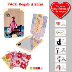 Gran espejo beige con dibujo de maniquí y maletas, y un práctico peine dentro