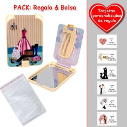 Gran espejo beige con dibujo de maniquí y maletas, y un práctico peine dentro