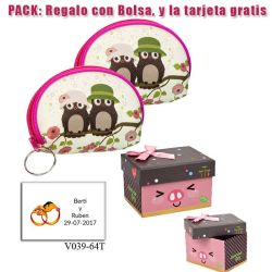 Monedero blanco con cremallera en fucsia y dibujo de parejita de búhos