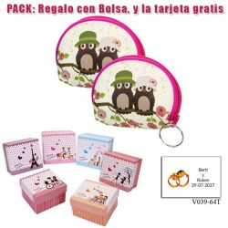 Monedero blanco con cremallera en fucsia y dibujo de parejita de búhos