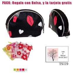 Monedero con cremallera negro, con labios rojos y corazones blancos