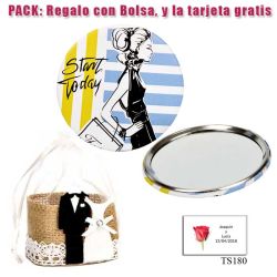 Espejo de chapa barato con dibujo de mujer, con rayas azules y amarillas