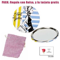 Espejo de chapa barato con dibujo de mujer, con rayas azules y amarillas